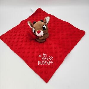 My First Rudolph Reindeer Rattle Lovey Security Blanket Minky Red Satin Back
